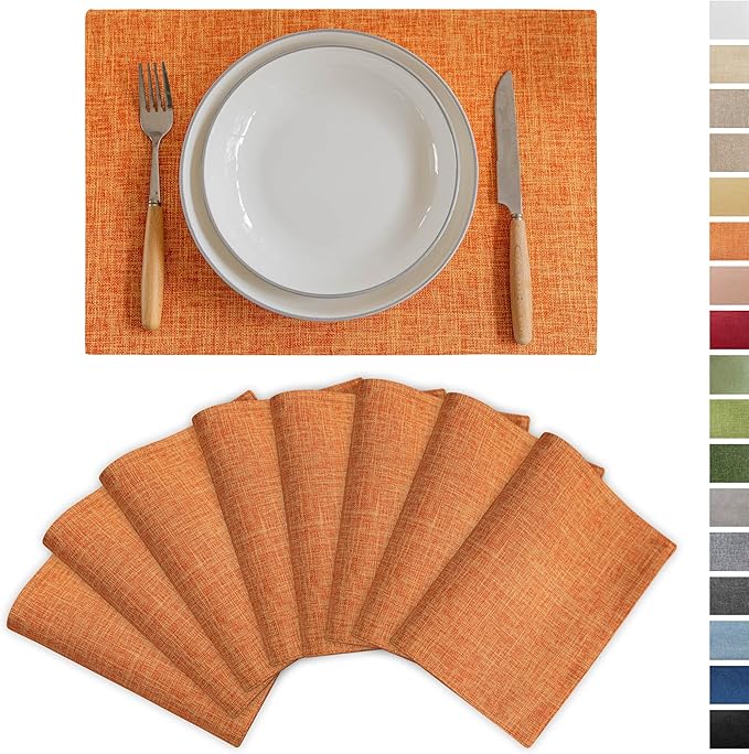 Demetex Orange Placemats Set of 8 Linen Textured Fabric Place Mats Rectangle Cloth Table Mats for Home Office Table Decor, 13x19 inch, Orange