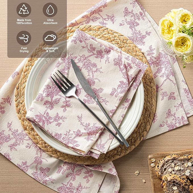 100% Cotton French Pastoral Kitchen Towels Set of 2, Decorative Flour Sack Tea Towels with Hanging Loop 18x25 Inch Absorbent Dish Cloths Farmhouse Home Decor, Pink