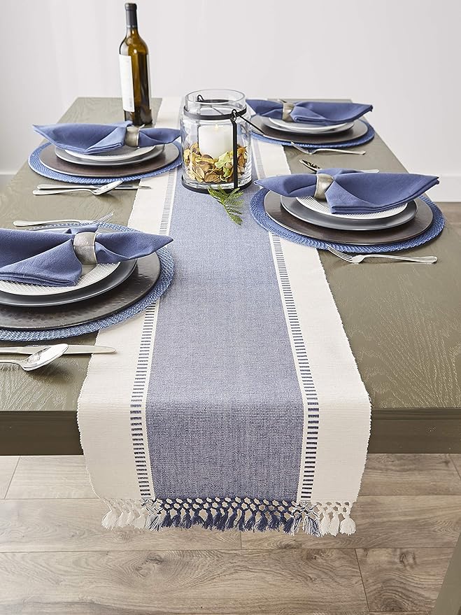 DII Dobby Stripe Woven Table Runner, 13x108 (13x113.5, Fringe Included) French Blue