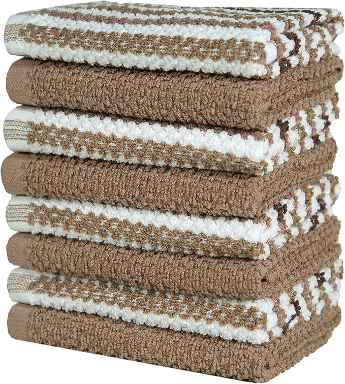 Bumble Towels Premium Dish Cloths 12"x12" | 100% Natural Ring Spun Cotton Tea Towel Set | 430 GSM | Highly Absorbent & Soft Kitchen Towels | 8 Pack - 4 Popcorn Wide Striped & 4 Solid Tan