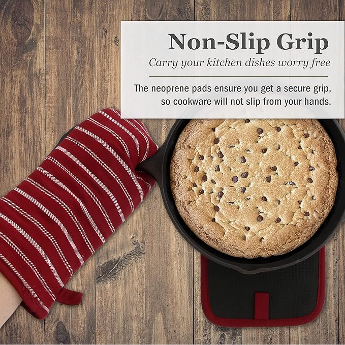 Cuisinart Neoprene Oven Mitts and Potholder Set-Heat Resistant Oven Gloves to Protect Hands and Surfaces with Non-Slip Grip, Hanging Loop-Ideal for Handling Hot Cookware Items, Twill Stripe Red Dahlia