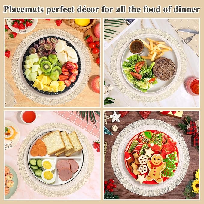 Round Placemats Set of 4 Table Mats 13Inch Washable Cotton Heat Resistant for Dining Table Decor, Farmhouse Thick Rustic Kitchen Placemats Non-Slip Hand Woven Boho Placemats for Thanksgiving Christmas
