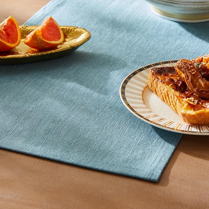 ZeeMart Rustic Cotton Linen Table Runner, 13x108 Inches River Blue, Farmhouse Style Blue Table Runners 108 Inches Long, Washable Kitchen Dining Table Decoration for Home Party Decor