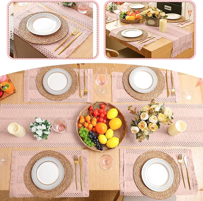Boho Placemats 4/6/8 Set of Round Woven Placemat Macrame Style Bicolor Stitching Long Table Runner Farmhouse Rustic Natural Burlap Cotton for Kitchen Dining Table(6 Sets,Pink,12x72)