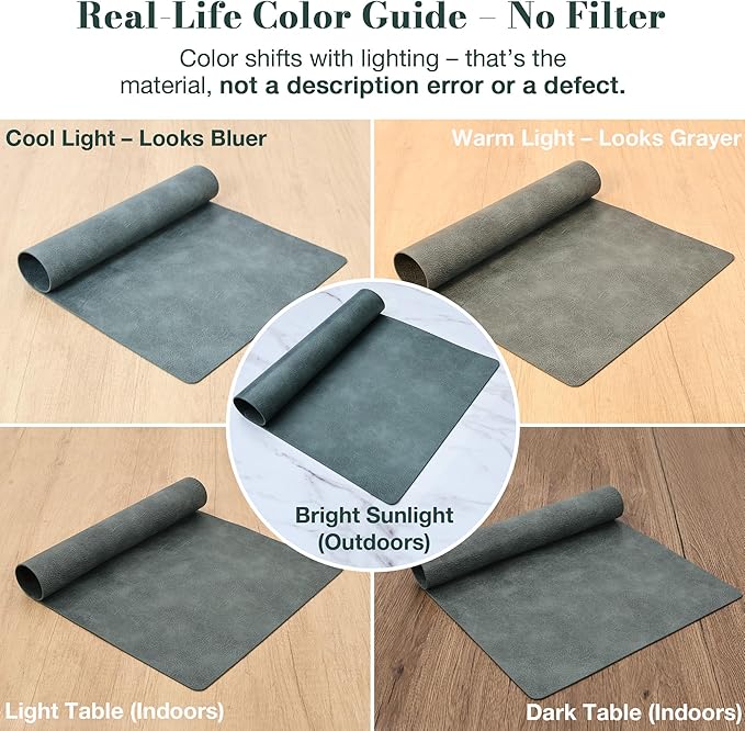 Roxifina Faux Leather Placemats Set of 6 - Vinyl Placemats Wipeable Waterproof Oil-Proof PU Place Mats Heat Resistant Reversible Table Mats for Dining, Kitchen, Outdoor, 12 x 17 Inch (Blue-Green Gray)