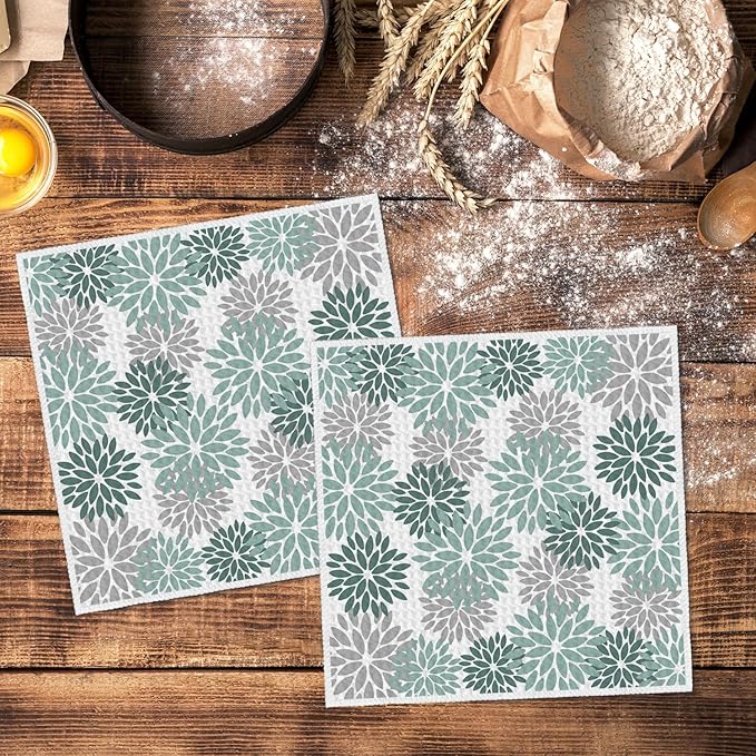 Artoid Mode Green Dahlia Floral Kitchen Dish Cloths, 12x12 Inch Quick Dry Microfiber Dishcloths for Kitchen Premium Dish Rags Set of 2