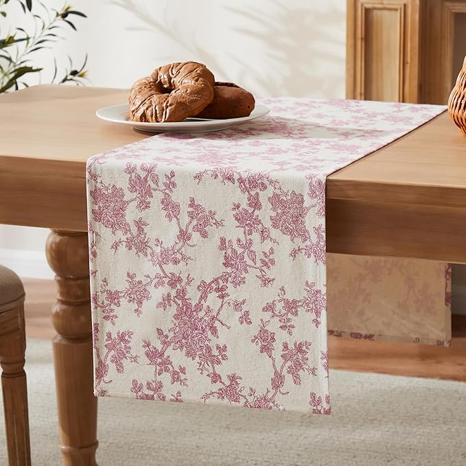 100% Cotton French Pastoral Table Runners, 13x90 Inch Pink Farmhouse Table Runners 90 Inches Long, Vintage Flowers Print Home Decors