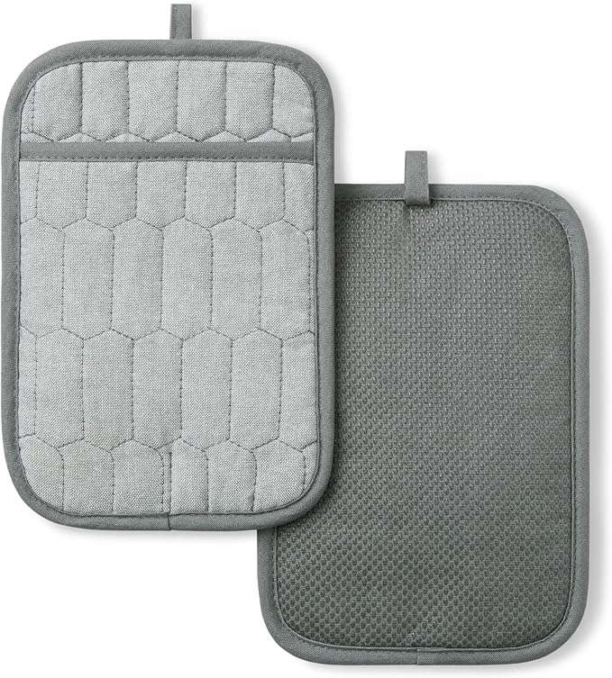 MARTHA STEWART Honeycomb Quilted Chambray Pot Holder 2-Pack Set, 100% Cotton, Flexible Non-Slip Silicone Grip, Heat Resistant, Grey, 7"X10"