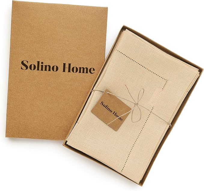 Solino Home Linen Cloth Napkins Set of 6-100% Pure Linen Beige Dinner Napkins 20 x 20 Inch for Spring, Summer, Mothers Day - Classic Hemstitch, Handcrafted and Machine Washable
