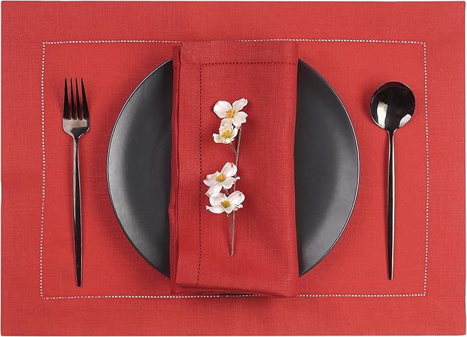 D'Moksha Homes Linen Placemats Set of 6 - Classic Hemstitch Bright Red Placemats 14 x 19 Inch - 100% Pure Linen Table Mats for Mothers Day, Spring - Handcrafted and Machine Washable