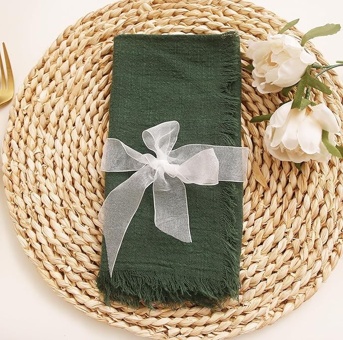 Cloth Napkins with Fringe Set of 12,100% Natural Soft Cotton,Spring Washable Gauze Napkins for Wedding Decorative, Dinner Parties, Bridal Shower Baby Shower, Dark Green