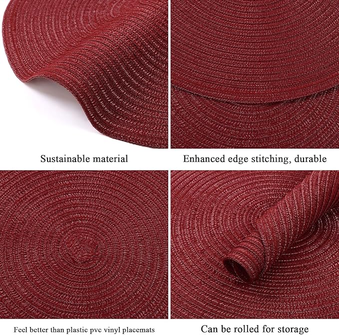 SHACOS Round Placemats Set of 8 for Dining Table 15 inch Round Braided Place Mats Cotton Polyester Washable Non Slip Kitchen Table Mats, Burgundy