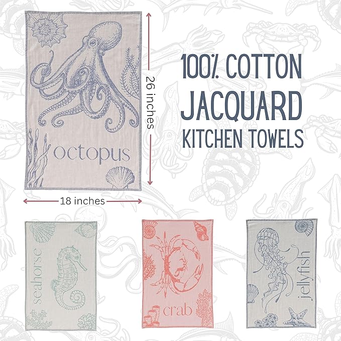 Nautical Kitchen Towels with Ocean-Themed Designs – 100% Turkish Cotton Jacquard Tea Towels with Octopus, Crab, Seahorse & Jellyfish Designs – Soft, Absorbent & Decorative Dishcloths (Sea Life)
