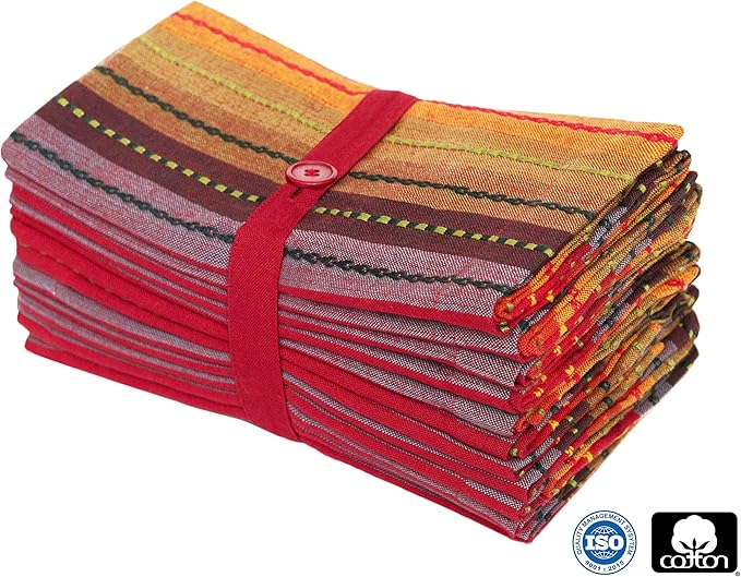 COTTON CRAFT Salsa Stripe Cloth Napkins - 12 Pack - Luncheon Brunch Dinner Table Napkins - 100% Cotton Everyday Harvest Autumn Fall Orange Holiday - Reusable Washable Absorbent - 17x17- Red Rust Multi