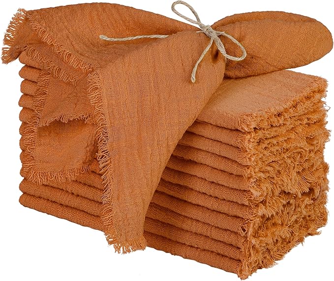 TURSTIN 12 Pieces Cotton Linen Cloth Napkin Handmade Cloth Napkin with Fringe 17 x 17 Inch Soft Dinner Wedding Napkins Square Rustic Fringe Table Napkins for Dinners, Parties, Weddings, Terracotta