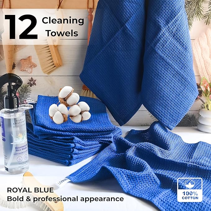 Royal Blue Cotton Cleaning Rags For Housekeeping - Trapos Paños De Limpieza Reutilizables - Kitchen Bar Shop Towel Dish Mop Wash Cloth For House - Reusable Washable Absorbent - 13"x13" 12 Pack