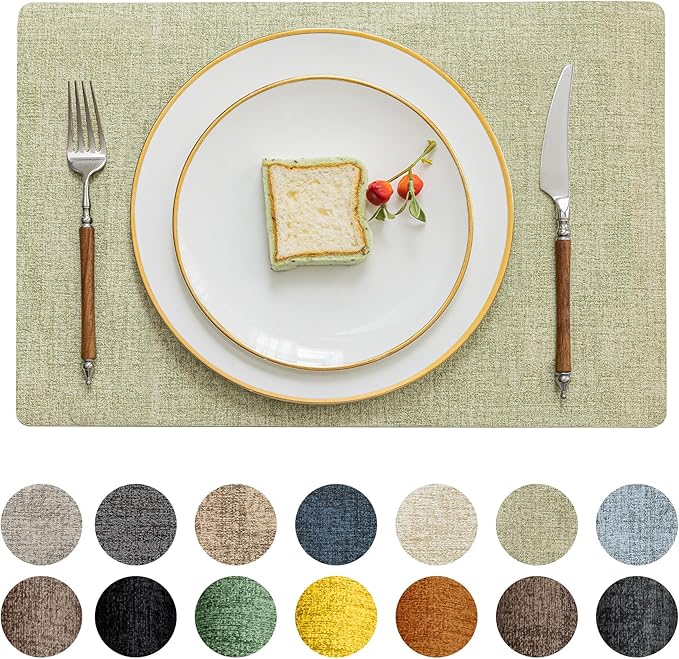 Romanstile Vinyl Placemats Set of 8-12 X 17 Inch - Faux Leather 100% Waterproof Oil-Proof Wipeable Place Mats, Heat Resistant Reversible PU Table Mats for Kitchen Dining Party Outdoor, Grass Green