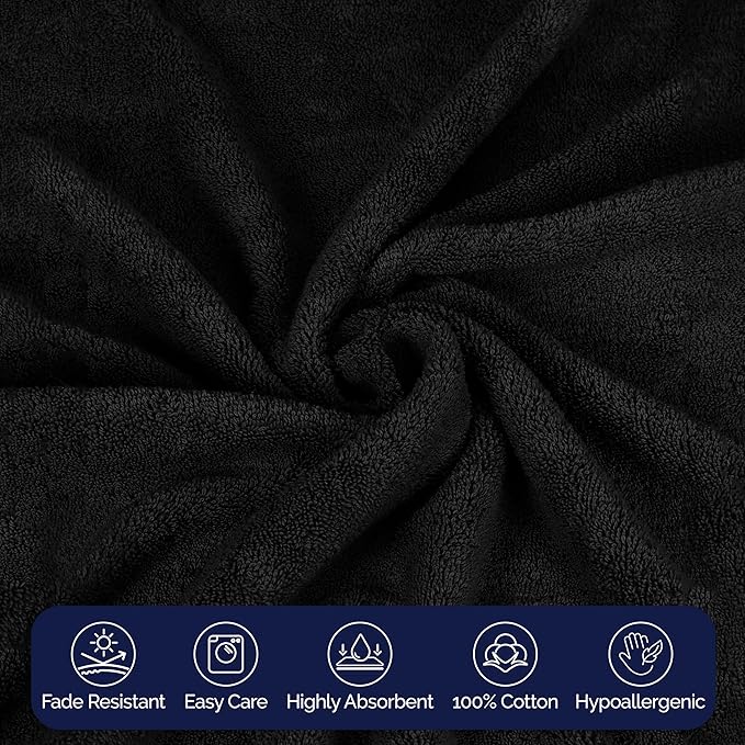 Elegant Comfort Premium Cotton 8-Piece Towel Set, Includes 4 Washcloths, 2 Hand Towels and 2 Bath Towels, 100% Turkish Cotton - Highly Absorbent and Super Soft Towels for Bathroom, Black