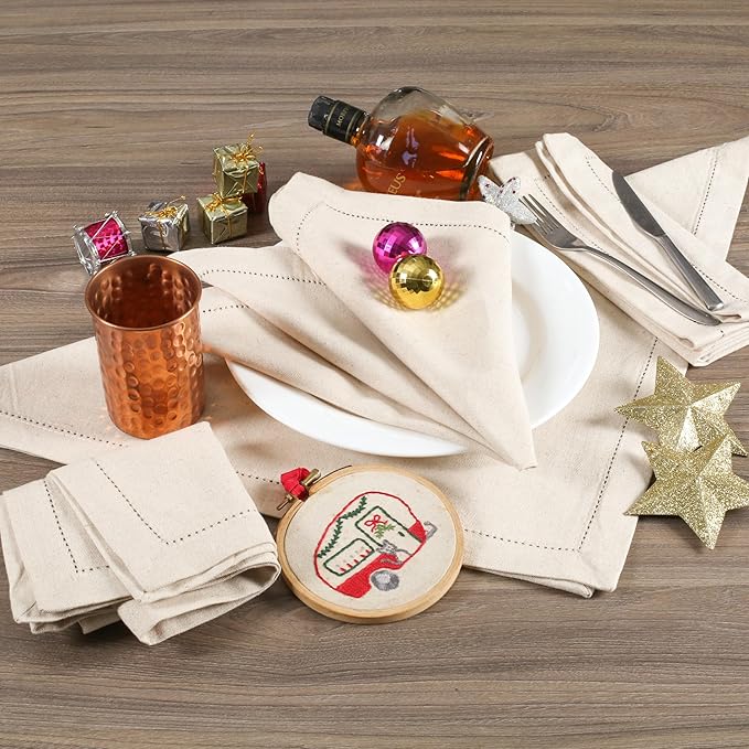 Lightnpro Flax Linen Napkins Set of 12 – Hemstitched Dinner Cloth Napkins, Washable and Reusable Natural Flax Napkins for Dining, Parties, Weddings, Holiday & Everyday Use – 18x18 Inch Natural Color