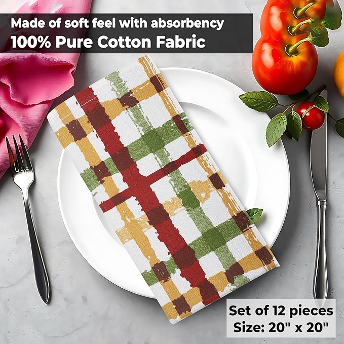 Urban Villa Cloth Napkins Set of 12 20x20 Inches 100% Cotton Napkins Cloth Washable Durable Reusable Absorbent Table Dinner Napkins Cloth for Thanksgiving Hotel Lunch Restaurant Parties – Fall Checks