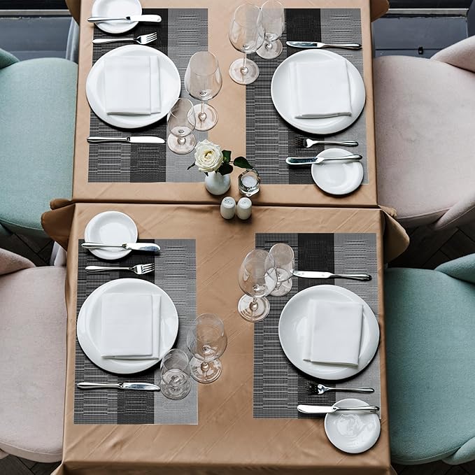 HeloHo Black Placemats Set of 6 Washable Place Mats Vinyl Woven Table Mats Wipeable Placemat for Kitchen Dining Table Decoration Indoor Outdoor