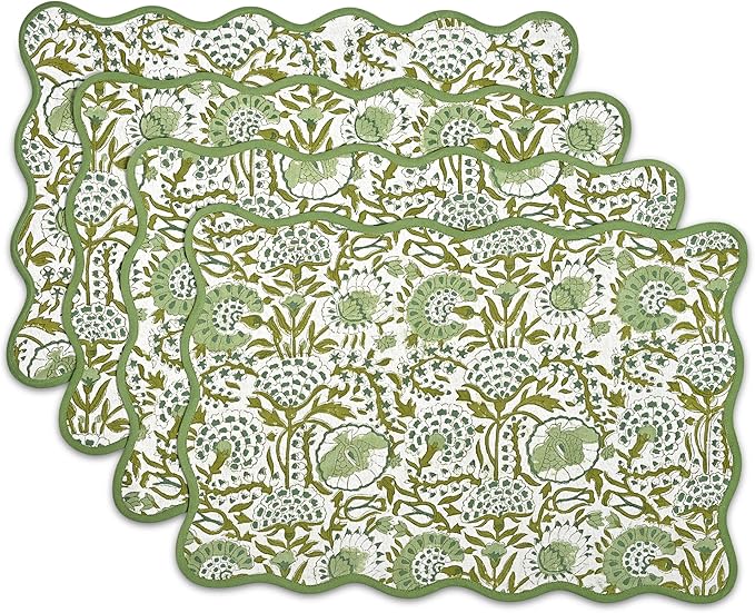 CPC Cotton Placemats Agate Green Set of 4-Hand Block Printed Reversible Placemats, Flower Scalloped & Embroidered Cloth Table Mats - 14 x 20 inch Gift for Spring, Mother's Day