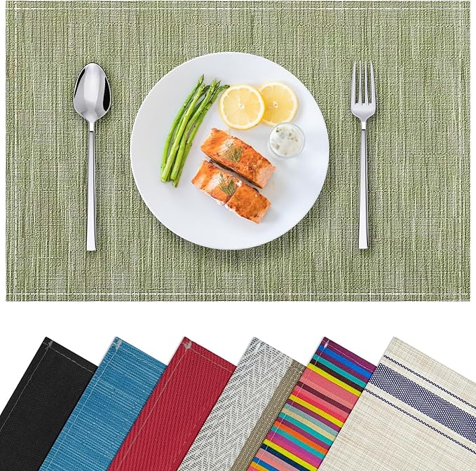 Green Placemats Set of 4, 12x18 Inch Heat-Resistant Washable Easy to Clean Place Mats, Faux Linen Cloth Table Mats Suitable for Indoor/Outdoor Parties & Kitchen Decor (Green)