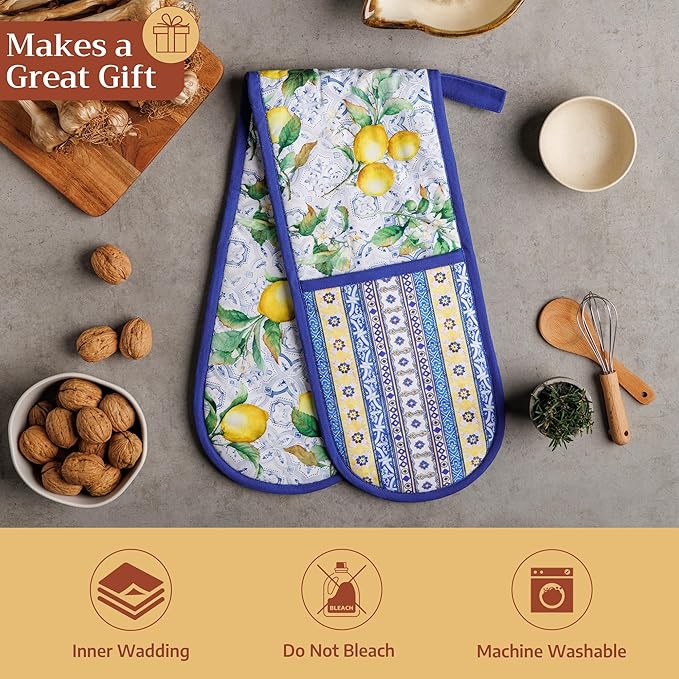 Maison d' Hermine Double Oven Mitts 100% Cotton 7"x35" Double Oven Mitt Heat Resistant BBQ Cooking Gloves with Loop Baking Grilling Gifts for Mothers Day Spring Summer (Citrus)