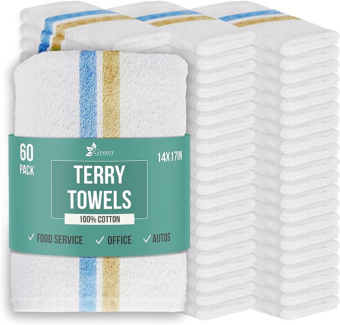 GREEN LIFESTYLE Terry Towels 14" x 17" 60 Pack - Cotton Bar Towels, Cleaning Rags, White Terry Cloth Towels, Absorbent Kitchen Towels for Restaurant, Food Service and Home Use (Blue & Orange Stripe)