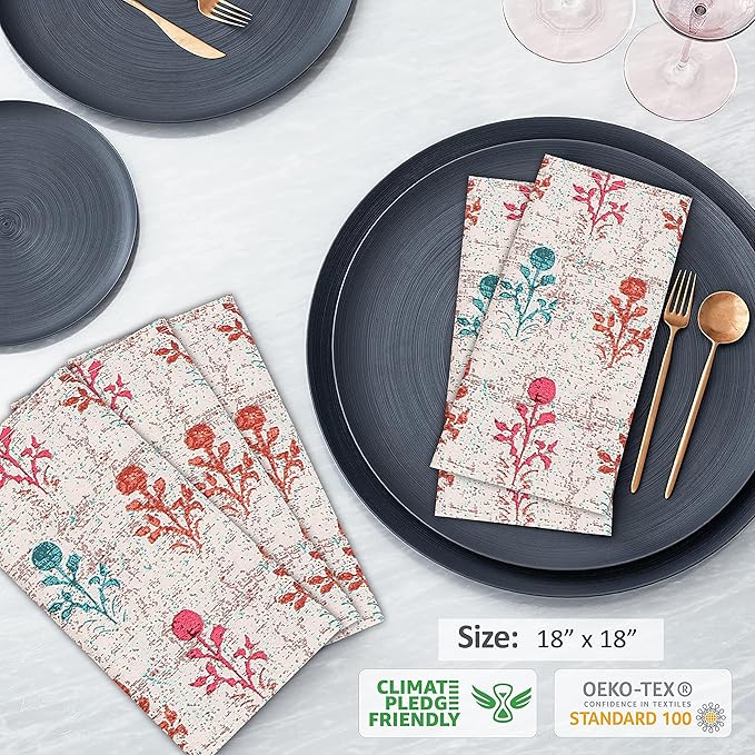 Ruvanti Cloth Napkins Set of 12, 18x18 Reusable Napkins Cloth Washable, Soft & Durable Table Napkin, Poly Cotton Fabric Dinner Napkins for Parties, Christmas, Thanksgiving, Weddings - Block Print