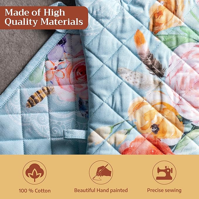 Maison d' Hermine 100% Cotton Oven Mitt & Pot Holder Set (7.5"x13" & 8"x8") Heat Resistant BBQ Cooking Gloves with Loop Baking Grilling Kitchen Gifts for Mothers Day Spring/Summer (Ibiza - Blue)