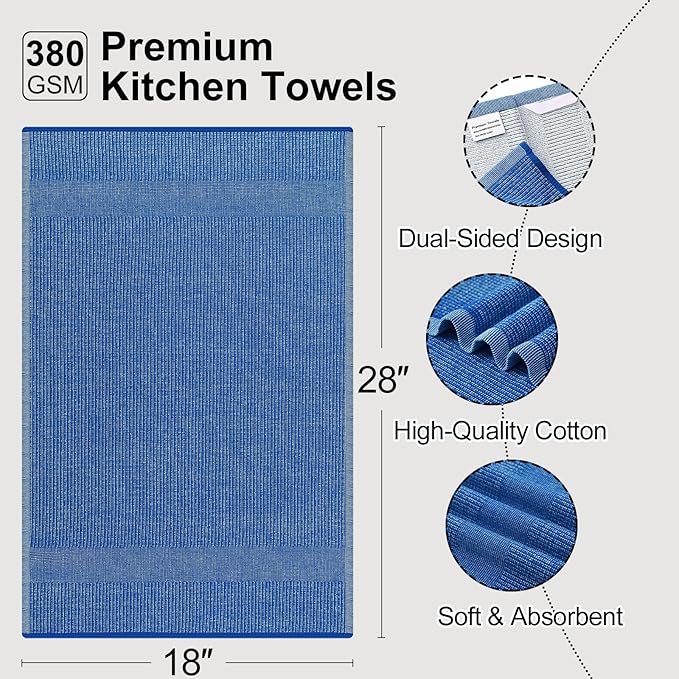 Mordimy Premium Kitchen Towels 6 Pack (18 x 28 Inches, Blueberry), Large Cotton Kitchen Hand Towel, Flat & Terry Dish Towels for Drying Dishes, Super Absorbent Tea Dishtowels Set with Hanging Loop