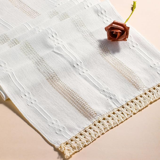 Table Runner, Boho Table Runner Cotton Linen Table Decorations, Farmhouse Table Runners with Tassels for Bohemian Wedding Bridal Shower Rustic Home Dining Table (12x72, White)