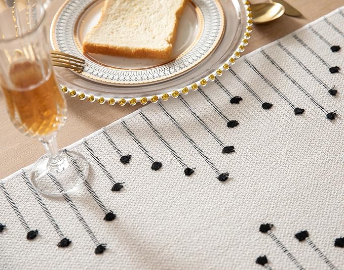 Boho Table Runner 13 x 108 Inch Long Natural Cotton Woven Runner with Tassels for Home Dining Table décor, for Modern Farmhouse Decor Coffee Table Runner, Black and Beige
