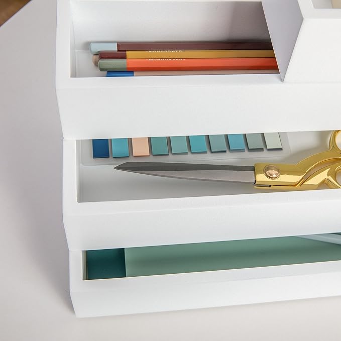 Martha Stewart Enzo Wooden Desk Drawer Organizer Set, Engineered Wood Organizers in Various Sizes, 6 Piece, White