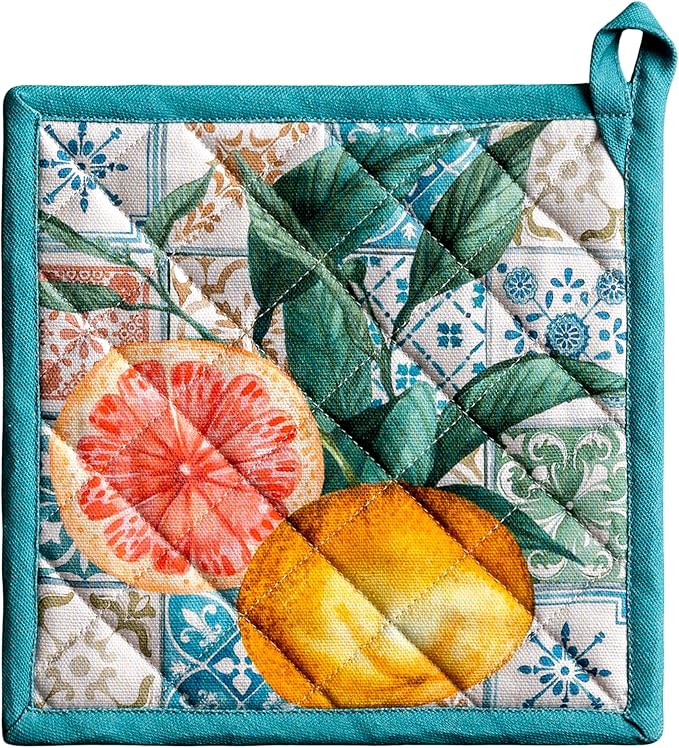 Maison d' Hermine Pot Holders 100% Cotton Heat Resistant Potholders 8" x 8" Hot Pads with Loop BBQ Cooking Baking Gifts for Mothers Day Handling Hot Pans Spring/Summer (Pack of 1, Agrume)