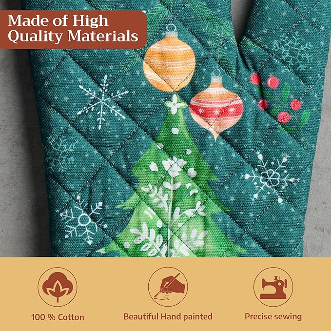 Maison d' Hermine Oven Gloves 100% Cotton Oven Mitt 7" x 13" with Loop Heat Resistant BBQ Cooking Gloves for Thanksgiving Christmas Decorations Baking Handling Hot Pans (Pack of 1, Hygge Christmas)