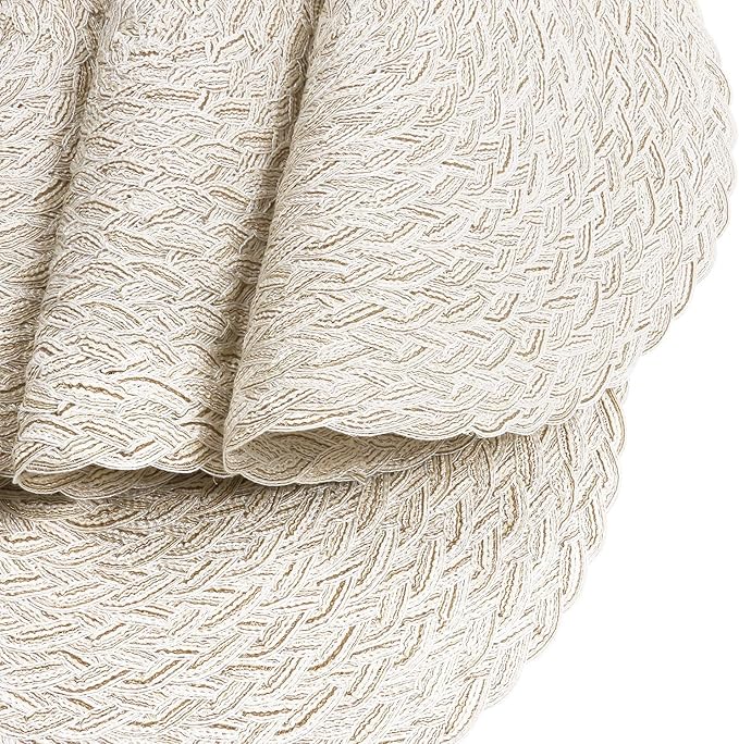 SHACOS Round Braided Placemats 15 inch Set of 6 Boho Thick Washable Kitchen Table Placemats for Home Wedding Party (T-Ivory, 6)