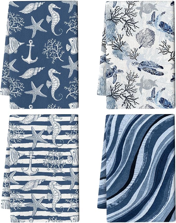 Blue Nautical Seahorse Corals Sea Turtle Kitchen Dish Towels Decorative Set of 4, Absorbent Coastal Tea Hand Towels for Kitchen Farmhouse Housewarming Bar Ocean Themed Decor