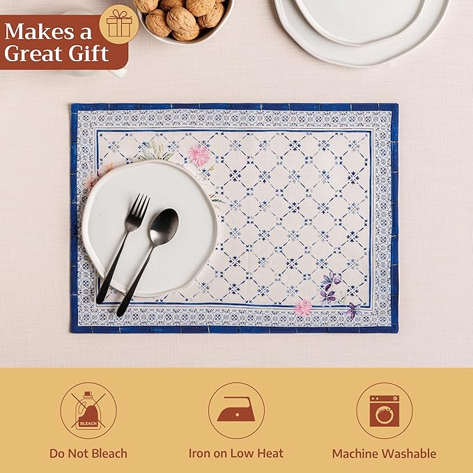 Maison d' Hermine Placemats Set of 4 100% Cotton Washable Cloth Place Mats Reusable Table Mats for Kitchen Dining Party Wedding Gifts for Mothers Day Spring/Summer (Faience, 13" x 19")