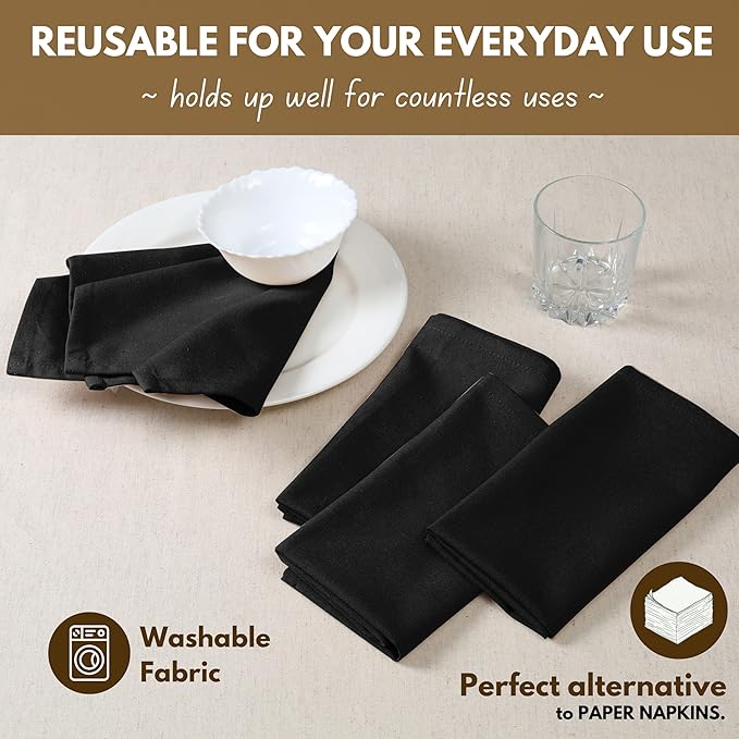 Native Fab Cloth Napkin Set of 12, 100% Cotton, Washable, Reusable Dinner Cloth Napkin 17x17 inches, Table Decor Napkins for Dinner, Events, Black