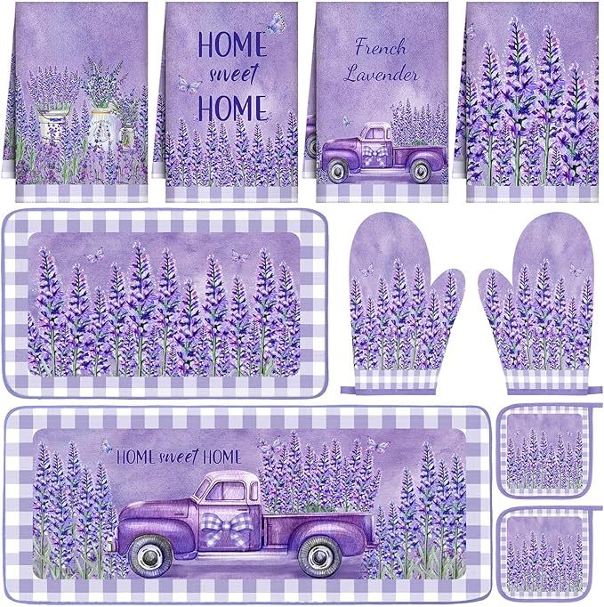 VitalCozy 10 Pcs Lavender Kitchen Decor Lavender Kitchen Towels and Rugs Oven Mitts and Pot Holders Set Hand Towels Purple Decorative for Baking Cooking BBQ
