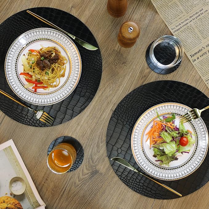 Round Leather Placemats for Round Tables Set of 4, Black Place Mats and Coasters, Washable Easy to Care for Indoor Decor 13" Diameter