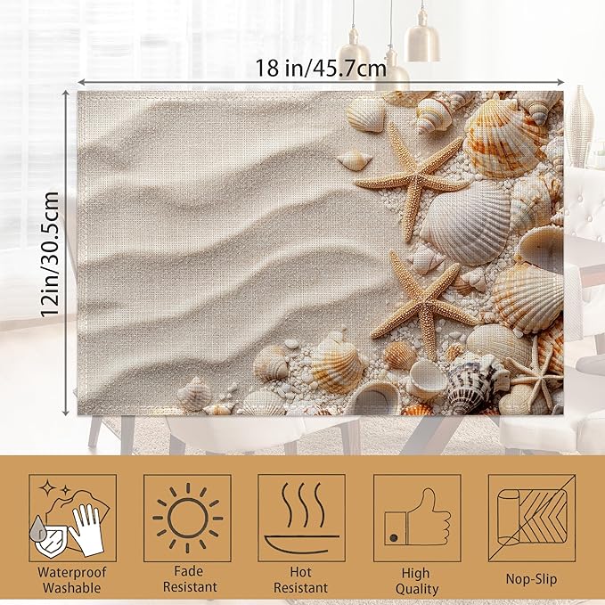 White Sand Placemats Set of 6,Starfish Seashells Waterproof Non-Slip Washable Table Mats for Kitchen Dining Holiday Party Wedding Decor 12x18 Inch