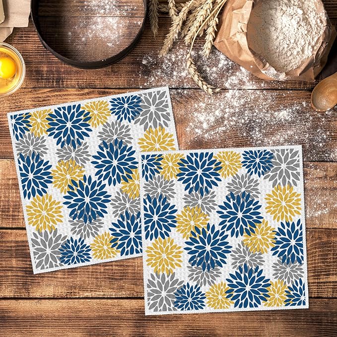 Artoid Mode Dark Blue Dahlia Floral Kitchen Dish Cloths, 12x12 Inch Quick Dry Microfiber Dishcloths for Kitchen Premium Dish Rags Set of 2