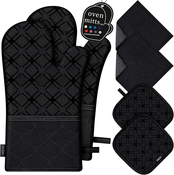 Oven Mitts and Pot Holders Set with Dishcloths, 500 Degree Heat Resistant Oven Gloves and Hot Pads, Premium Soft Cotton Kitchen Mittens and Dish Cloth Sets-Black