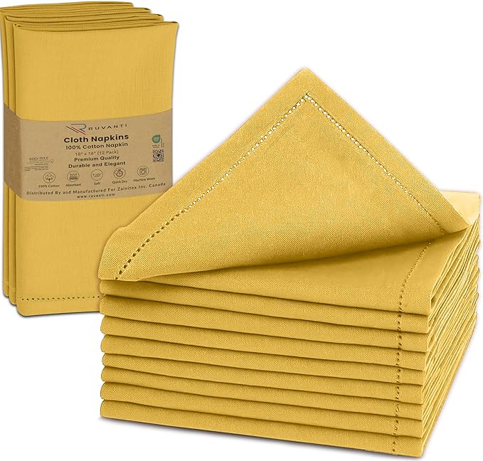Ruvanti Cloth Napkins Set of 12, 100% Cotton High GSM 18x18 Inches, Hem Stitched Corners, Soft, Washable, Durable & Absorbent, Perfect for Parties, Christmas, Thanksgiving Dinners – Spicy Mustard