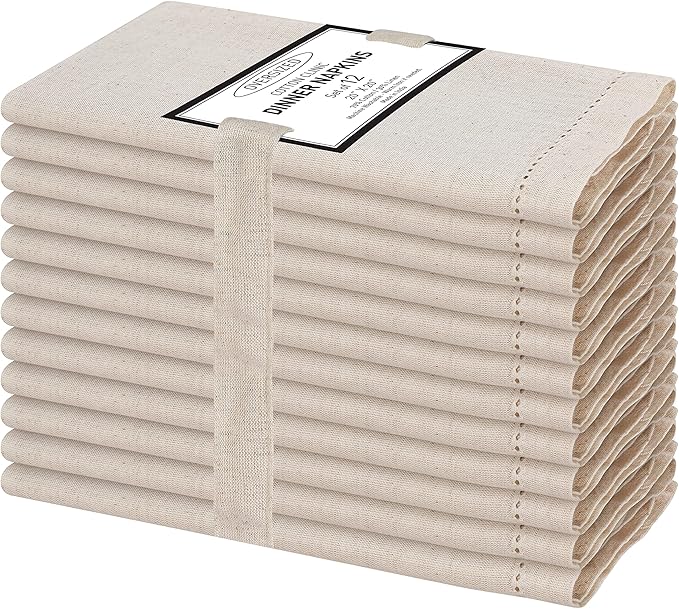 Cotton Clinic 12 Pack Hemstitch Cloth Dinner Napkins Oversized 20x20, Linen Cotton Fabric Tailored with Mitered Corner - Cocktail Napkins, Wedding Dinner Napkins Natural