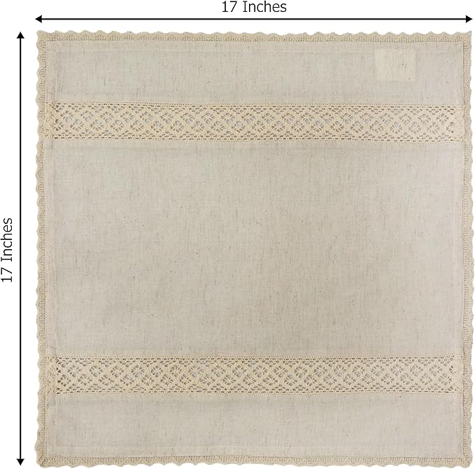 COTTON CRAFT Cloth Napkins with Lace - Set of 8 Natural Cotton Flax Elegant Everyday Fall Harvest Thanksgiving Holiday Table Lunch Dinner Napkins - Washable Reusable Serviette - 17x17 inches