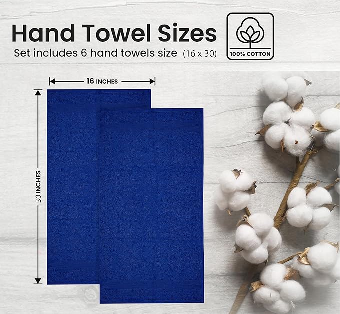 Premium Hand Towels Pack of 6 (16" x 30”) 100% Combed Ring Spun Cotton | Highly Absorbent Hand Towels Set | Ultra Soft for Home, Gym & Spa (Royal Blue)